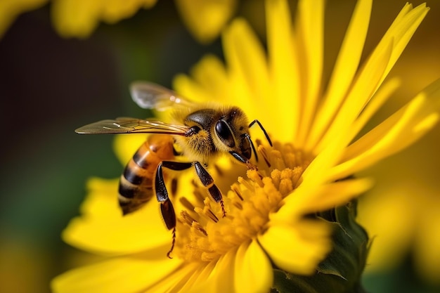 Una abeja sobre una flor amarilla con la palabra miel.
