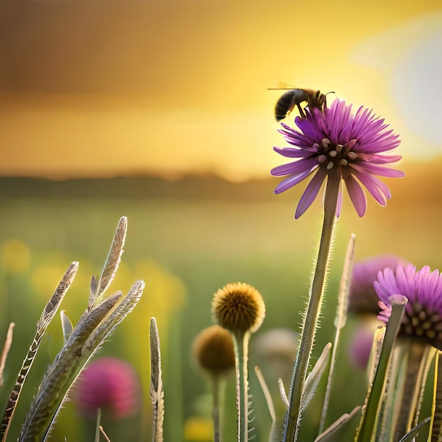 Una abeja sobre una flor con un atardecer de fondo.