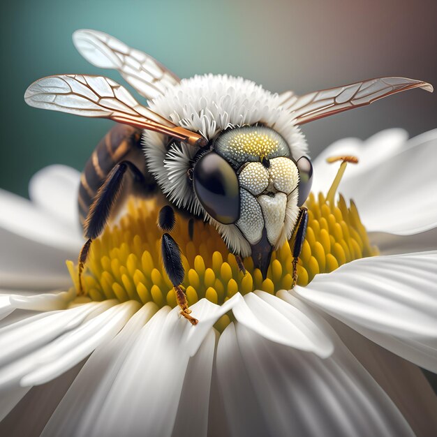 Una abeja sobre una flor de cara blanca y ojos amarillos.