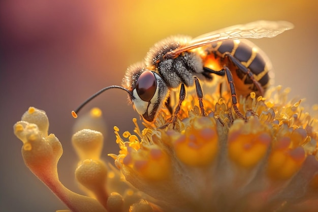 Una abeja sobre una flor de fondo amarillo.