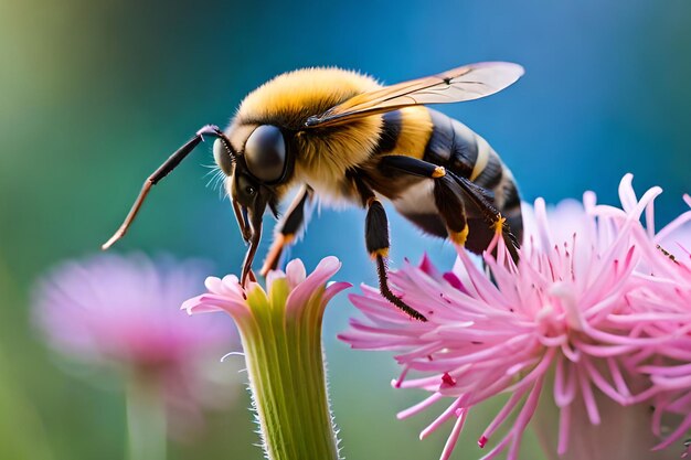 Una abeja sobre una flor de fondo azul.