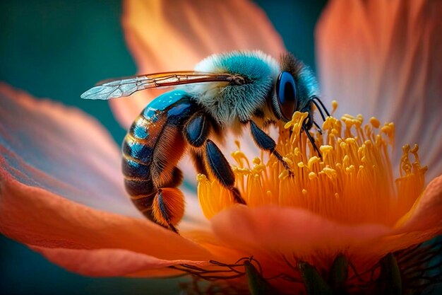 Una abeja sobre una flor de fondo rosa.