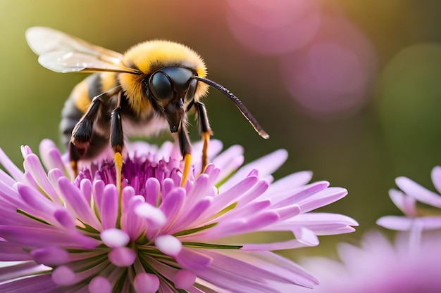 Una abeja sobre una flor de fondo rosa.