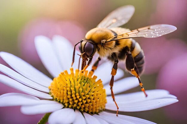 Una abeja sobre una flor de fondo rosa.