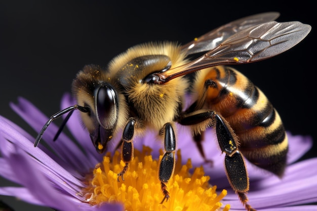 Una abeja sobre una flor morada con polen amarillo.