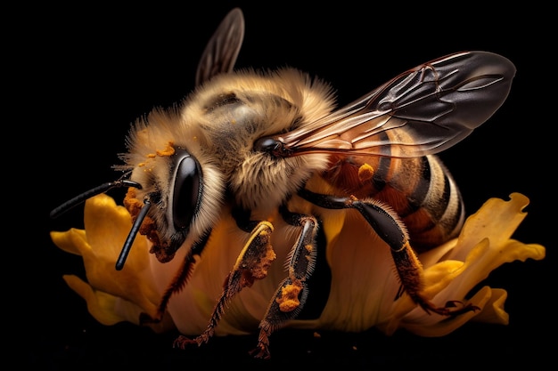 Una abeja sobre un fondo negro con un fondo negro.