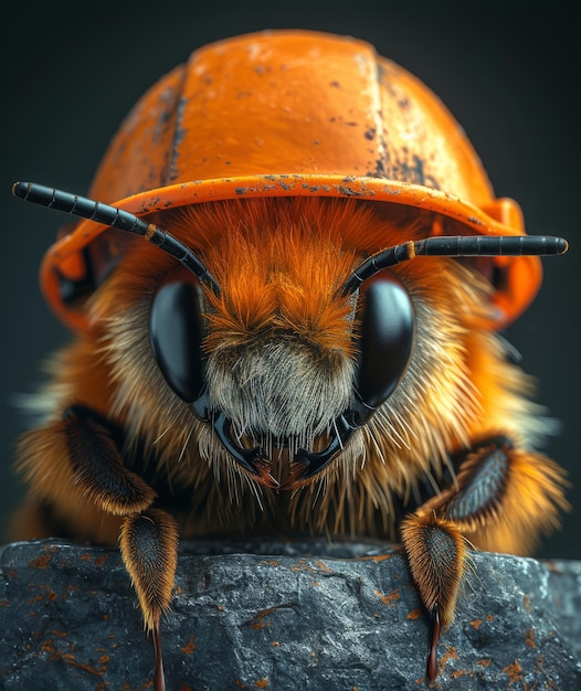 Abeja con sombrero de protección Abeja con casco de construcción amarillo