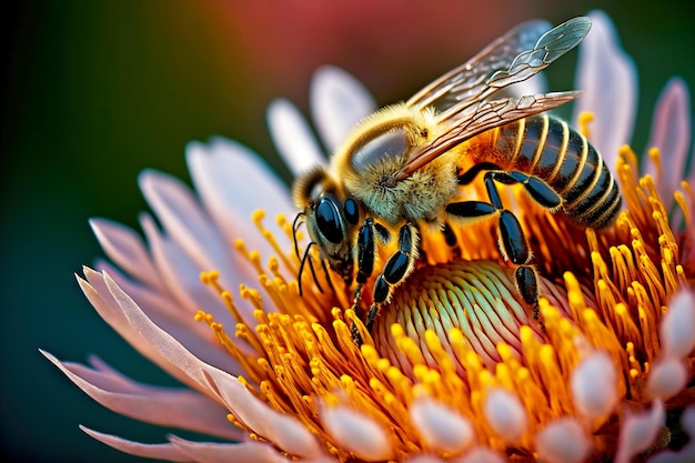 Abeja trabajadora útil se sienta en flor de abeja y recoge polen