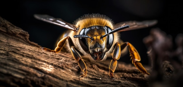 Una abeja en un tronco con un fondo negro.