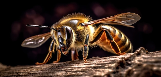 Una abeja en un tronco con un fondo negro.