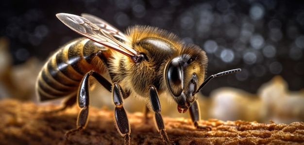 Una abeja en un trozo de madera.