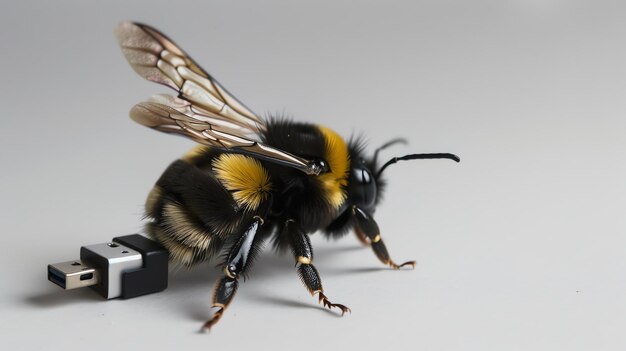 Una abeja con una unidad USB en lugar de un aguijón La abeja está sentada en una superficie blanca y mirando a la cámara