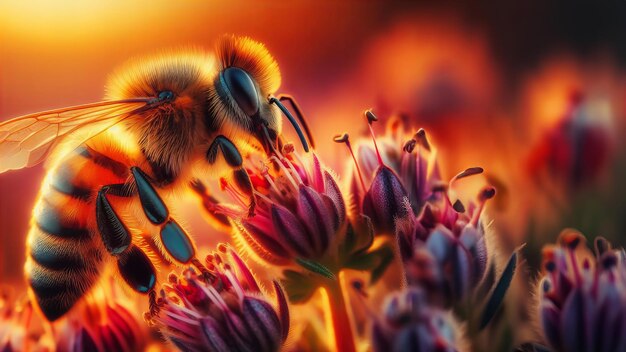 La abeja se ve en un campo de flores con el sol brillando brillantemente en la escena