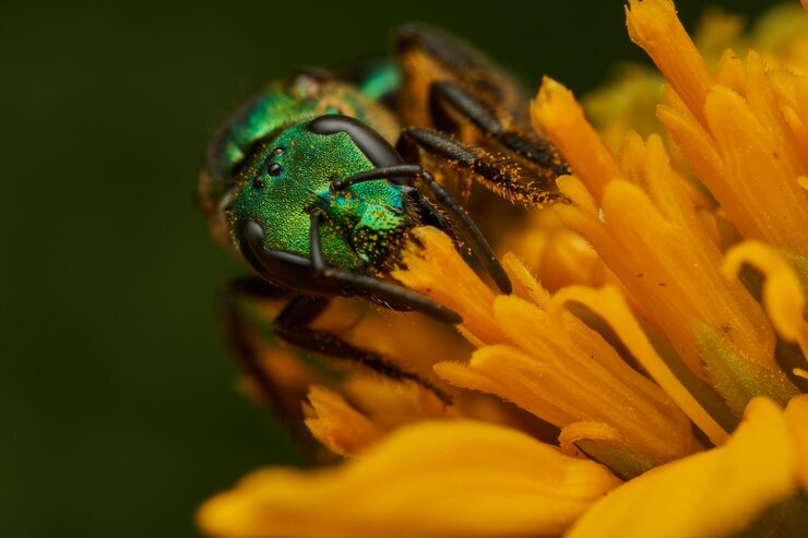 Foto abeja verde metálica en la flor amarilla