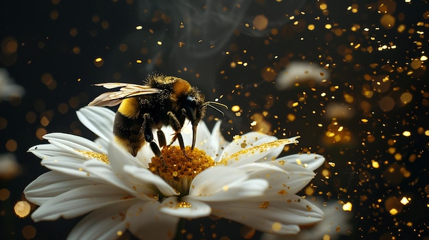 Abeja voladora recogiendo polen en la flor Abeja volando sobre la flor