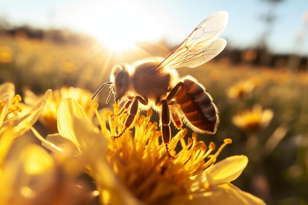 La abeja volando hacia una flor en un campo durante la hora dorada proyectando largas sombras