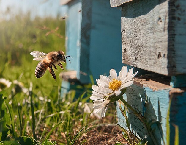 La abeja volando junto a su colmena