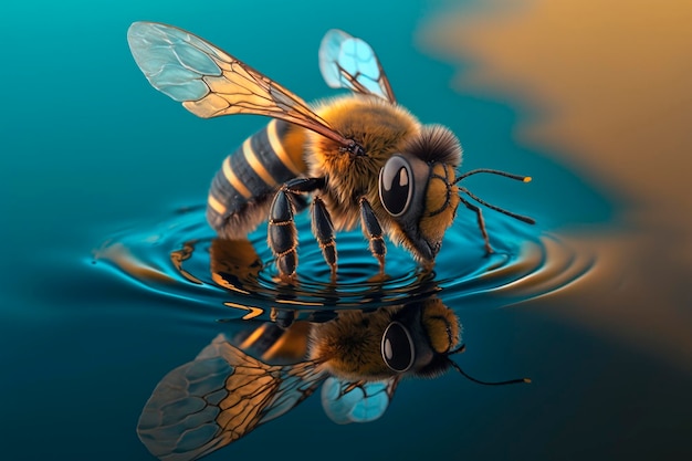 abeja volando sobre el agua abeja macro con gotas de agua ai generativo