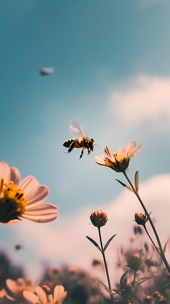 Una abeja volando sobre un bajo con la palabra abeja