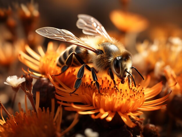 Una abeja volando sobre un ramo de flores al atardecer