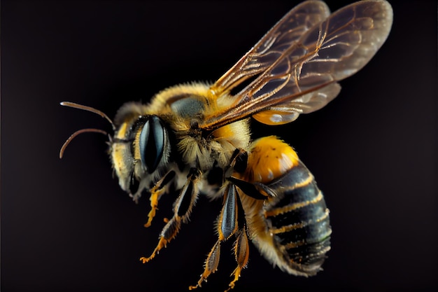 Una abeja vuela en el aire de cerca IA generativa