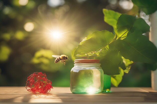 una abeja vuela alrededor de un tarro de miel con una baya roja al fondo.