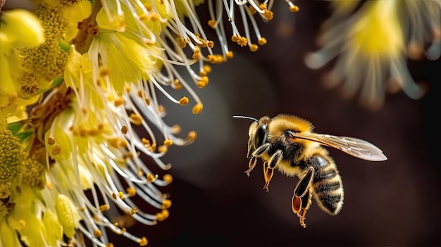Una abeja vuela a través de una flor.