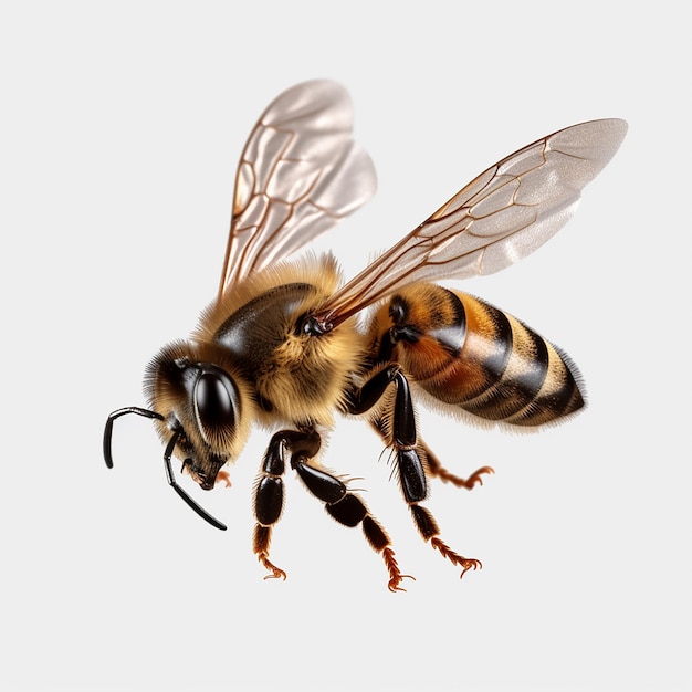 La abeja en vuelo sobre un fondo transparente