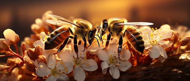 Las abejas Apis Mellifera en las flores de Helenium a la luz del sol