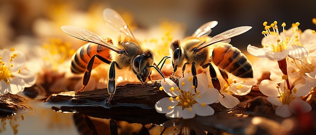 Las abejas Apis Mellifera en las flores de Helenium a la luz del sol