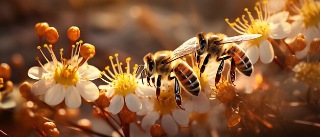 Las abejas Apis Mellifera en las flores de Helenium a la luz del sol