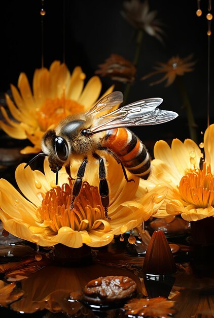 Las abejas Apis Mellifera en las flores de Helenium a la luz del sol