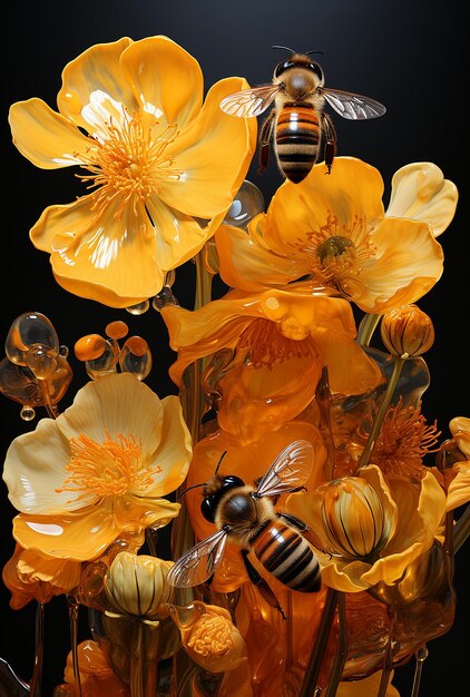 Foto las abejas apis mellifera en las flores de helenium a la luz del sol