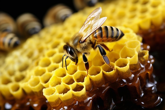 Las abejas de belleza depositan polen en panales amarillos recogidos en las flores