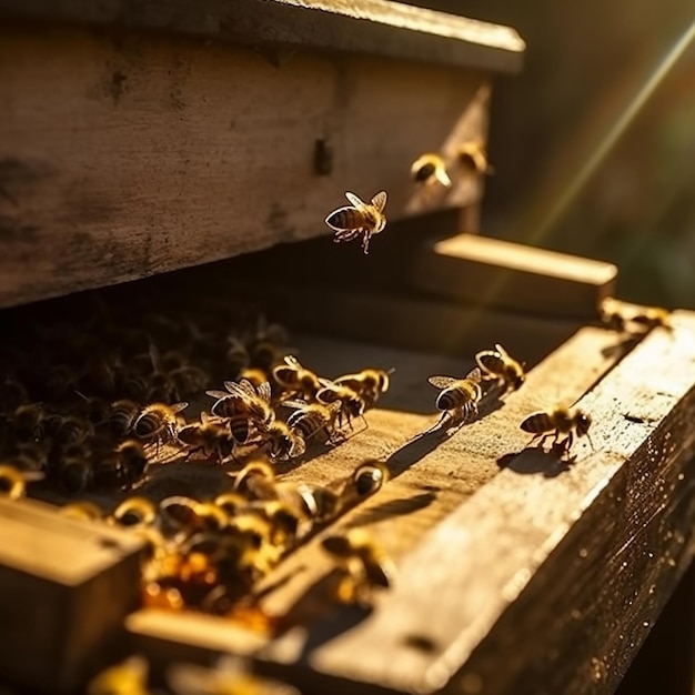 Abejas en una colmena al sol