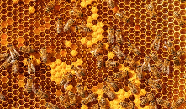 Abejas en una colmena en cera Miel fresca