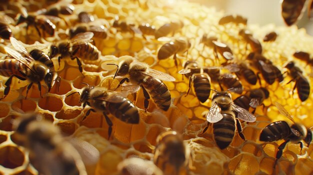 Las abejas en una colmena en un panal