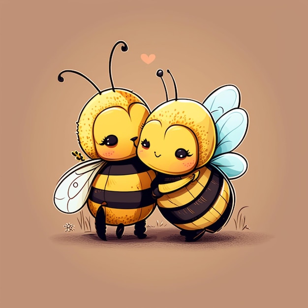 abejas de dibujos animados abrazándose con un corazón en el fondo generativo ai