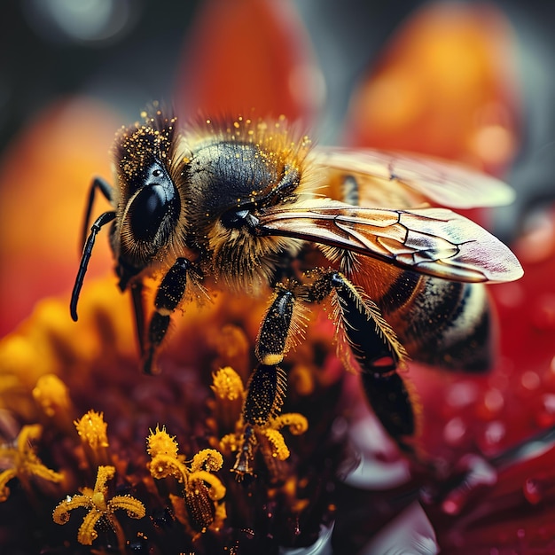 Abejas en una flor con gotas de condensación en ella