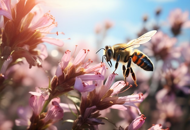 abejas en flores bajo el sol primaveral sobre un hermoso cielo nublado al estilo de la luz de fondo miki asai