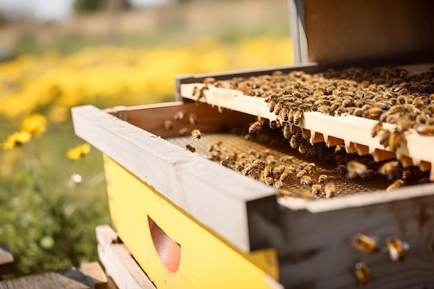 Abejas melíferas sentadas en la colmena Concepto de apicultura IA generativa