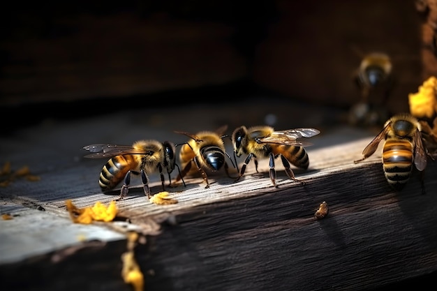 Abejas melíferas sentadas a la entrada de la colmena Concepto de apicultura IA generativa