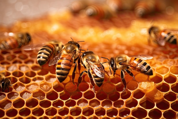 Las abejas melíferas trabajan diligentemente dentro de su colmena elaborando meticulosamente células de panal llenas de brillantes abejas obreras generativas ai