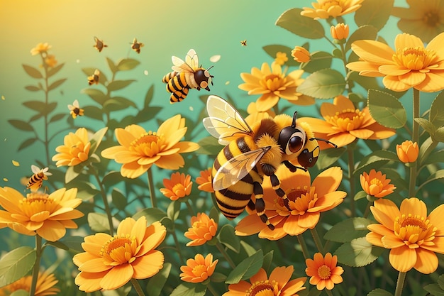 Las abejas de miel cosechan flores polinizadoras en un vibrante prado