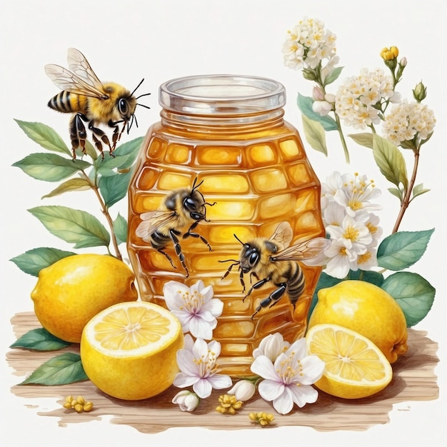Foto abejas y miel derretida en colmenas hexagonales