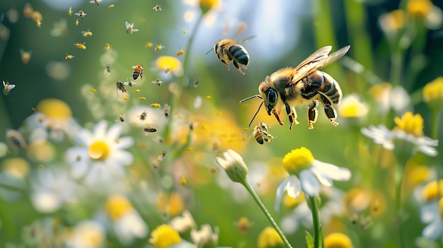 Las abejas de miel enjambran alrededor de un campo de flores en busca de néctar las abejas están ocupadas volando de flor en flor recogiendo polen y néctar