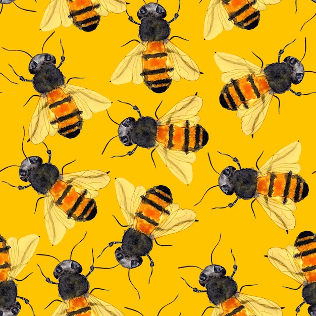 Abejas de miel sobre fondo amarillo acuarela de patrones sin fisuras Plantilla para decorar diseños e ilustraciones