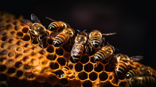 Abejas en un panal con un fondo negro