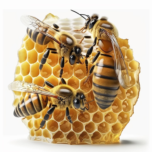 Abejas en panal con miel aislada sobre fondo blanco ia generativa