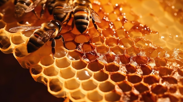 Abejas en un panal, con miel goteando por los lados.